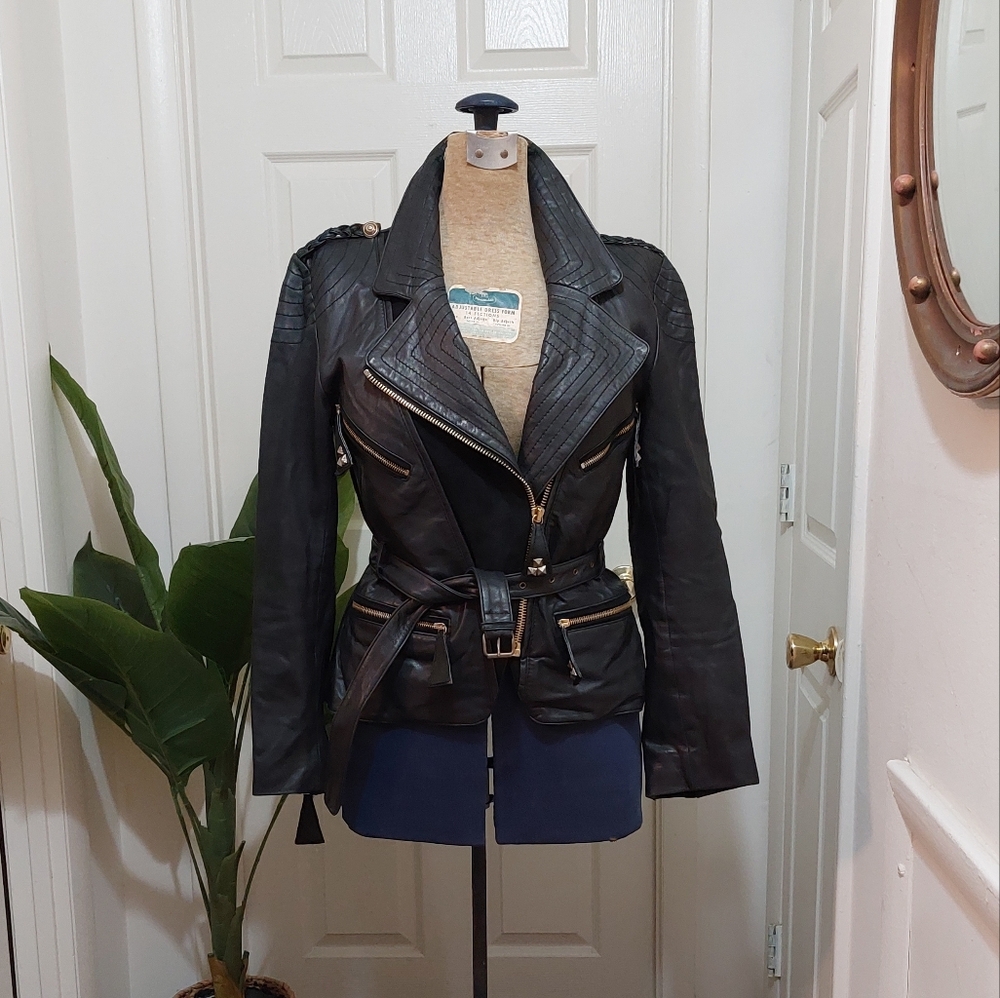 Temperley London Black Leather Jacket with Belt Peplum High Low Size 6
